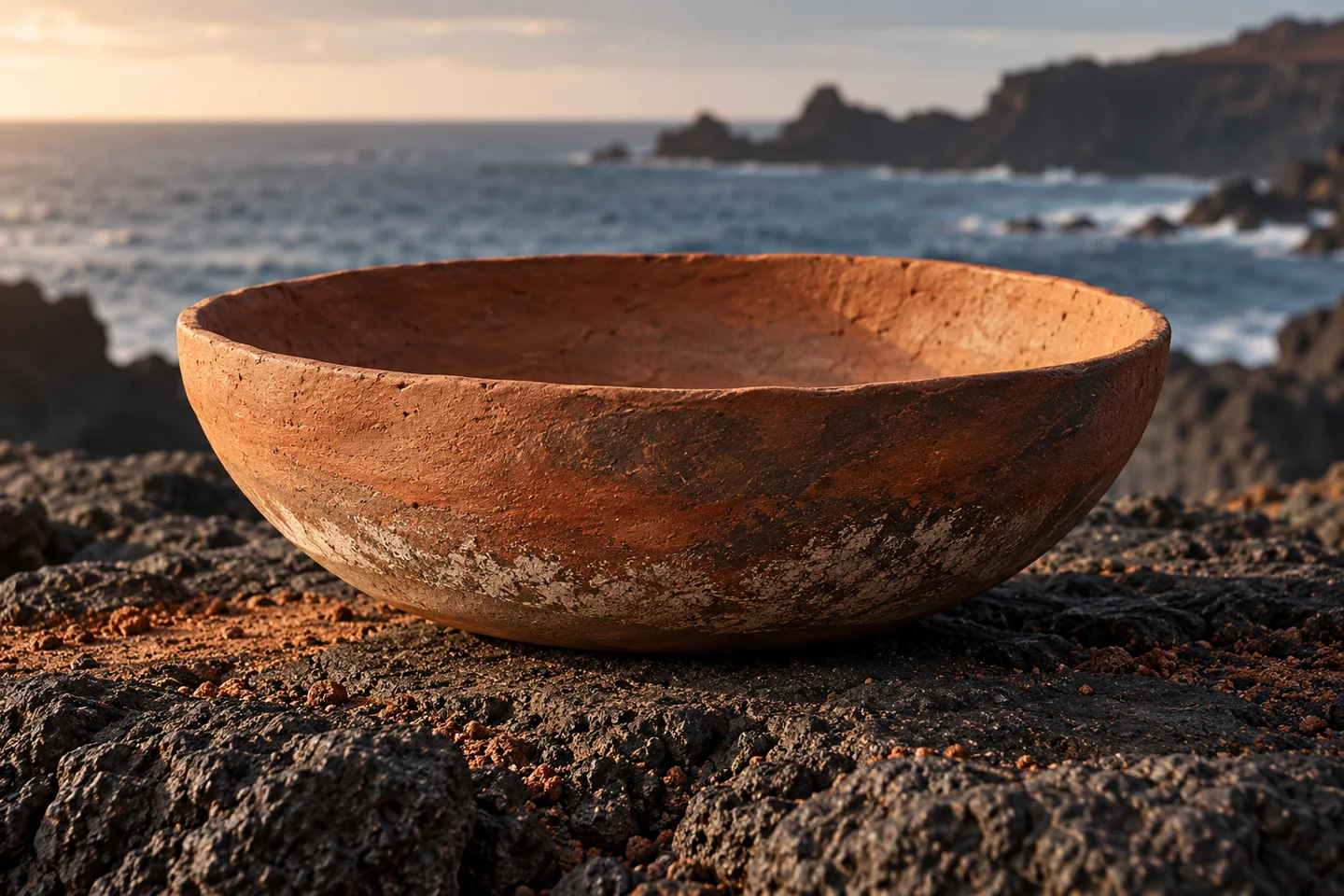 Cuenco de barro sobre roca volcánica junto al océano, identidad visual de Alfarería del Mar